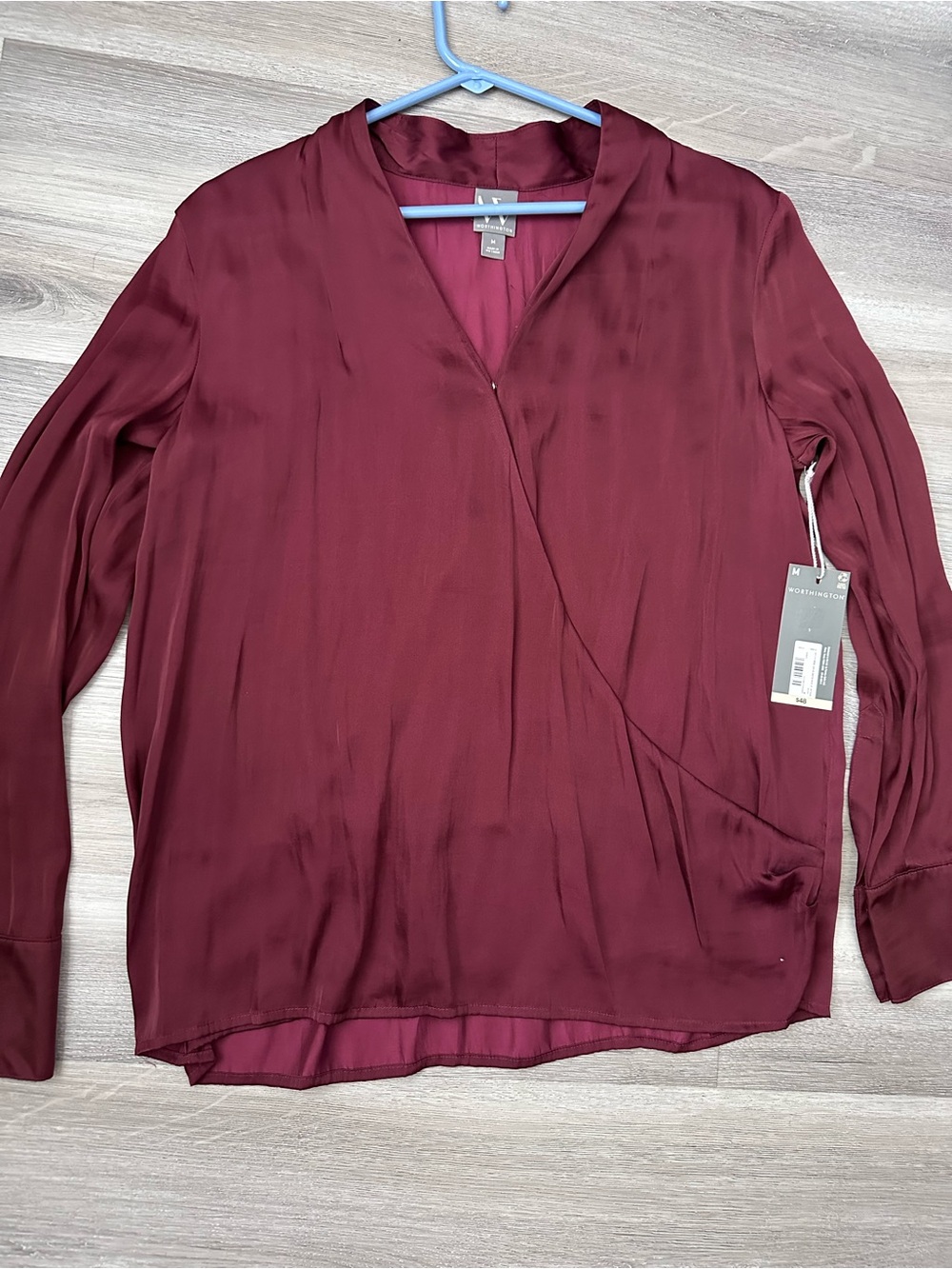 Worthington Burgundy Wrap-Front Long Sleeve Blouse